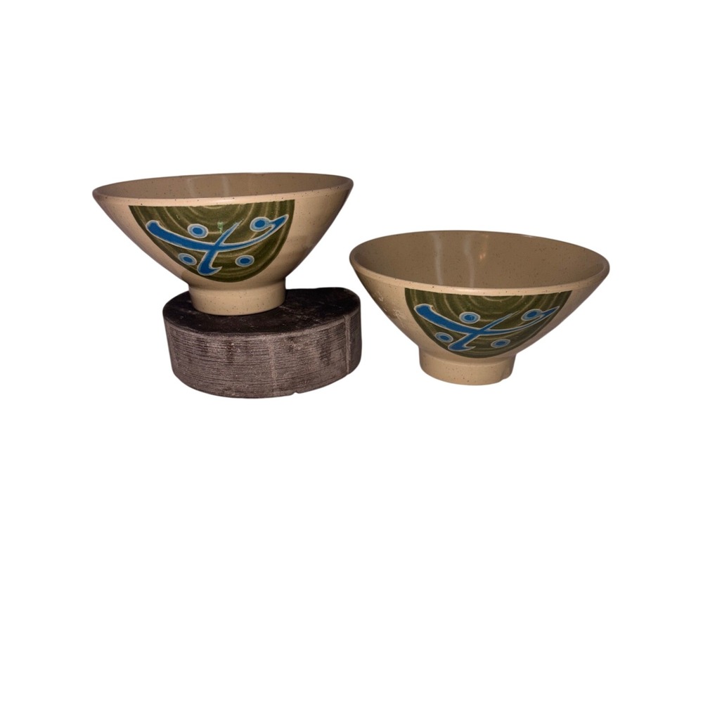 Yanco Melamine JP-3005 Speckled Tan Abstract Graphic‎ Footed Soup Bowls Vintage